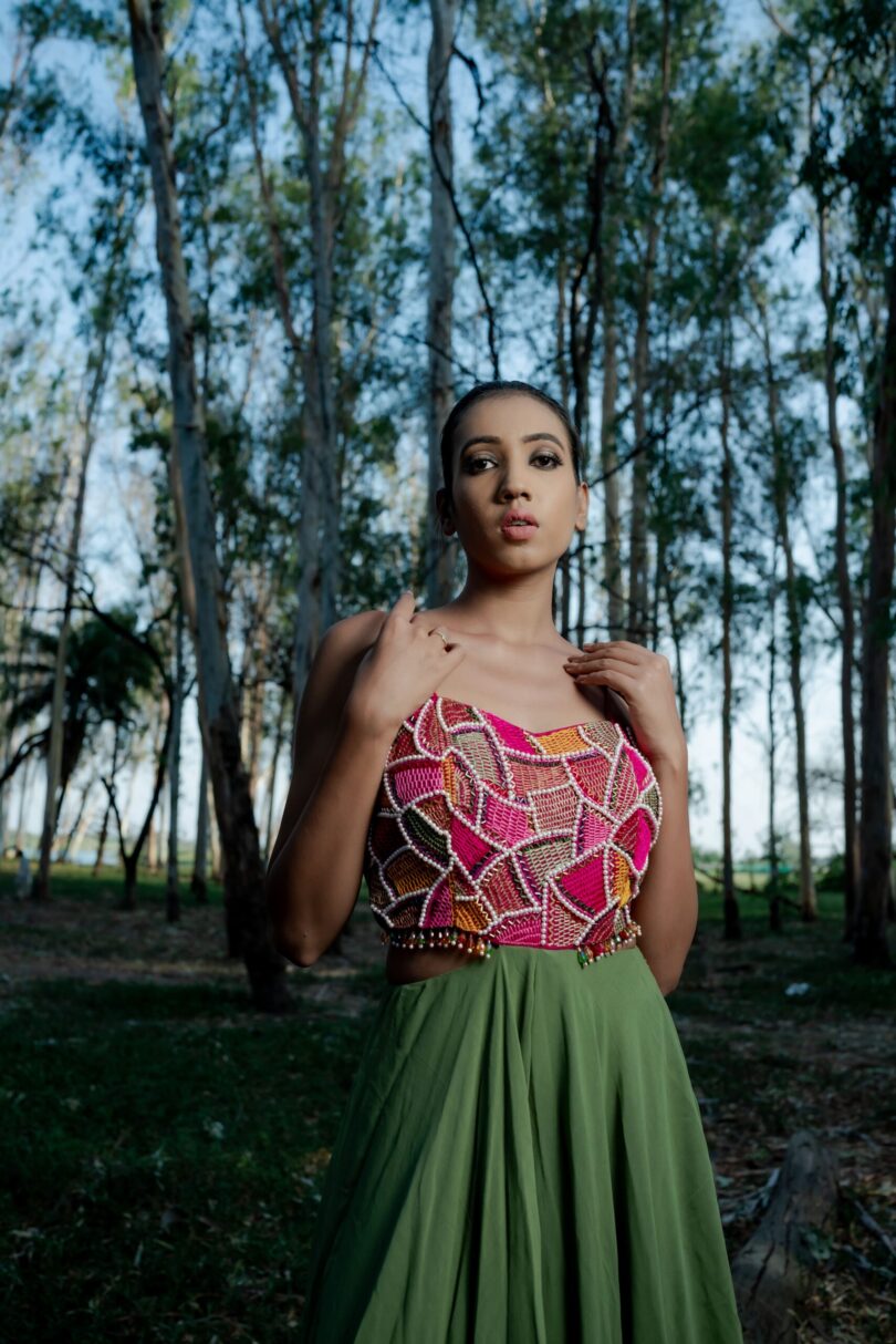 Magenta and Leaf Green Georgette Jumpsuit