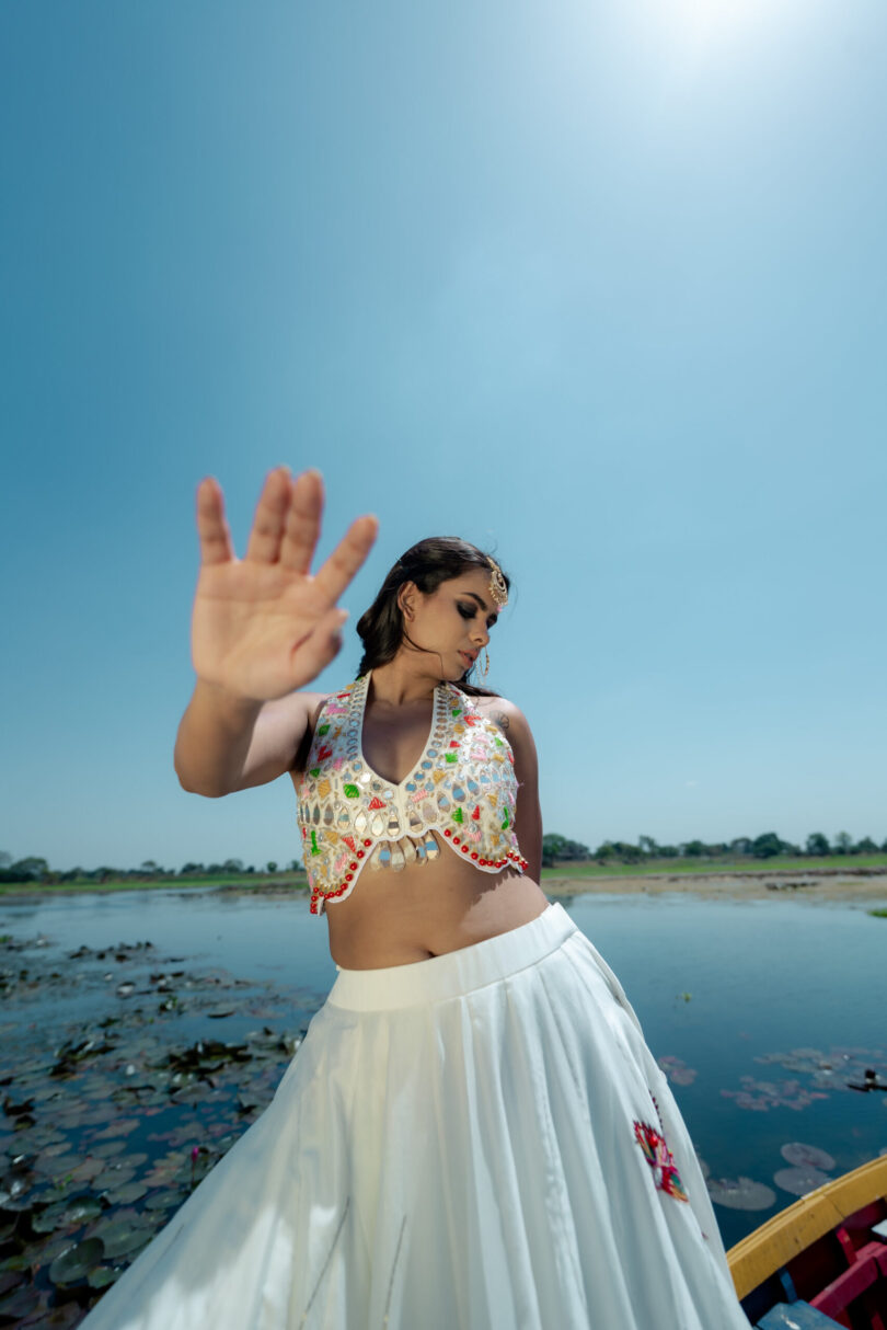 White Chanderi Skirt Top Set - Image 3