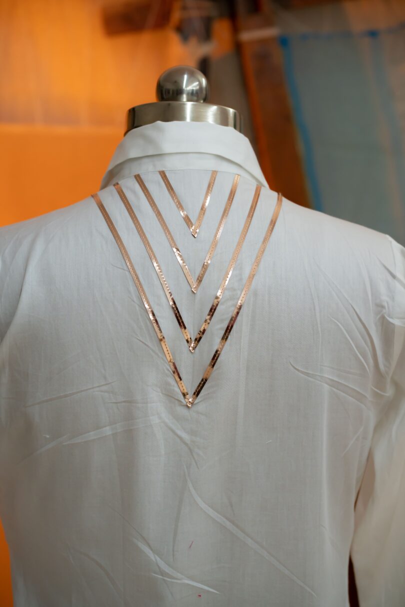 White Chanderi Shirt with leather strip in 2 colors - Image 2