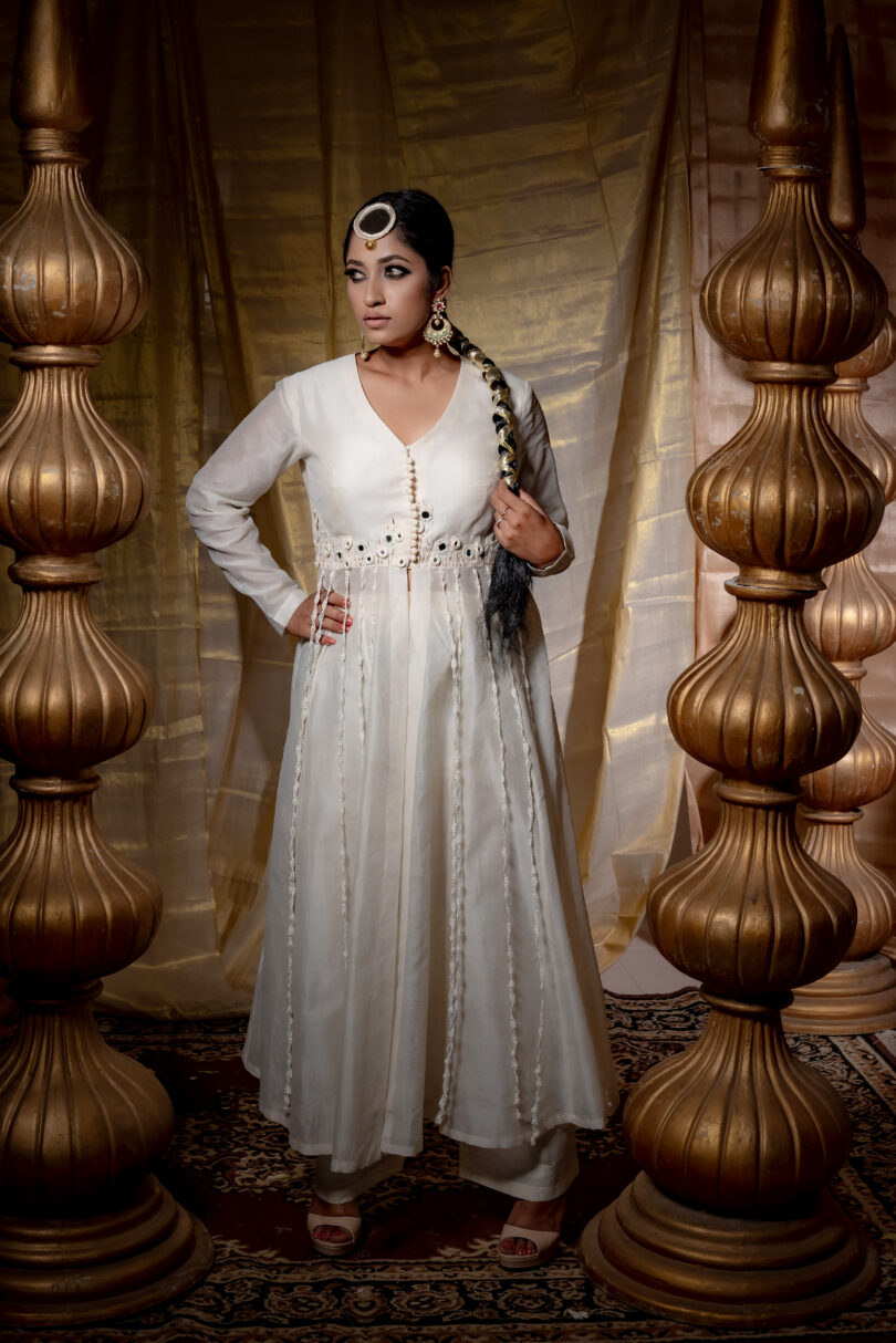 The Chanderi front slit flared dress with Pants.