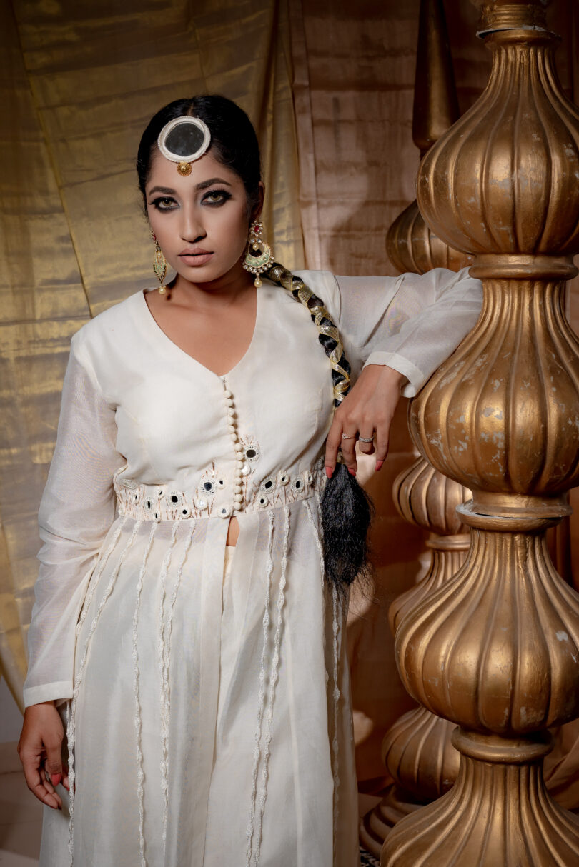 The Chanderi front slit flared dress with Pants. - Image 3