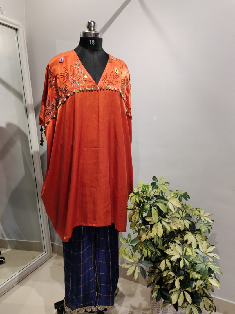 Orange Silk Kaftan Set with Pants - Image 2