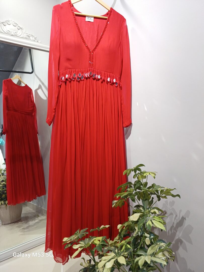 Red V-Neck Long Dress