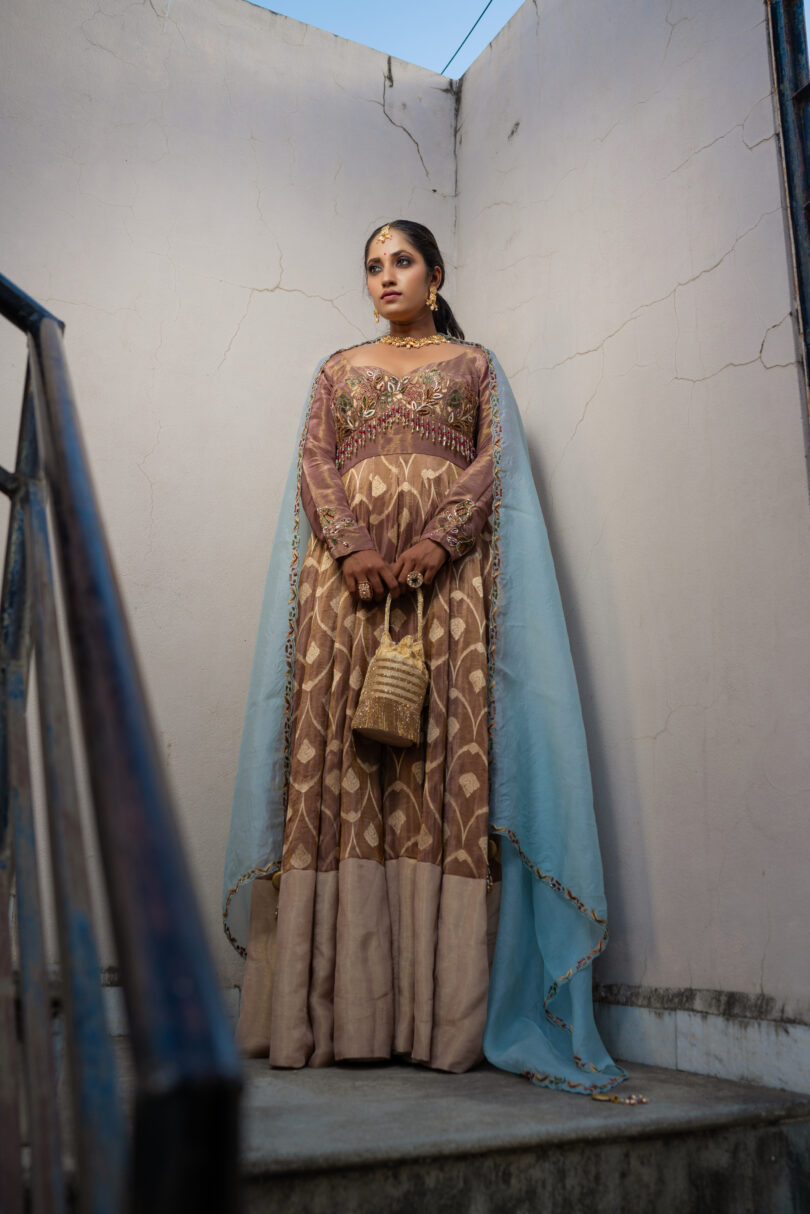 Brown Banarasi Silk Long Dress