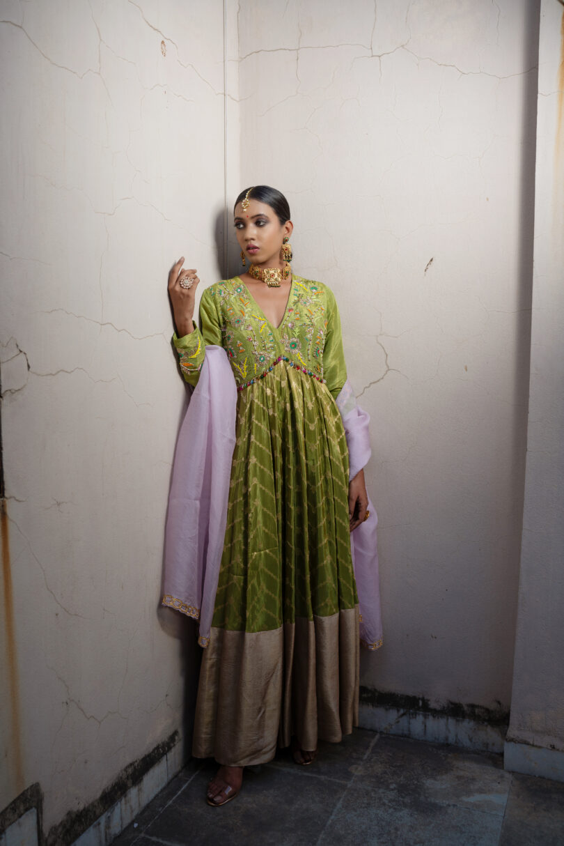 Green Banarasi Silk Long Dress - Image 3