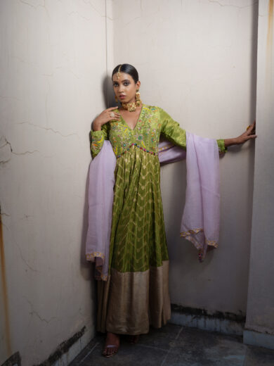 Green Banarasi Silk Long Dress