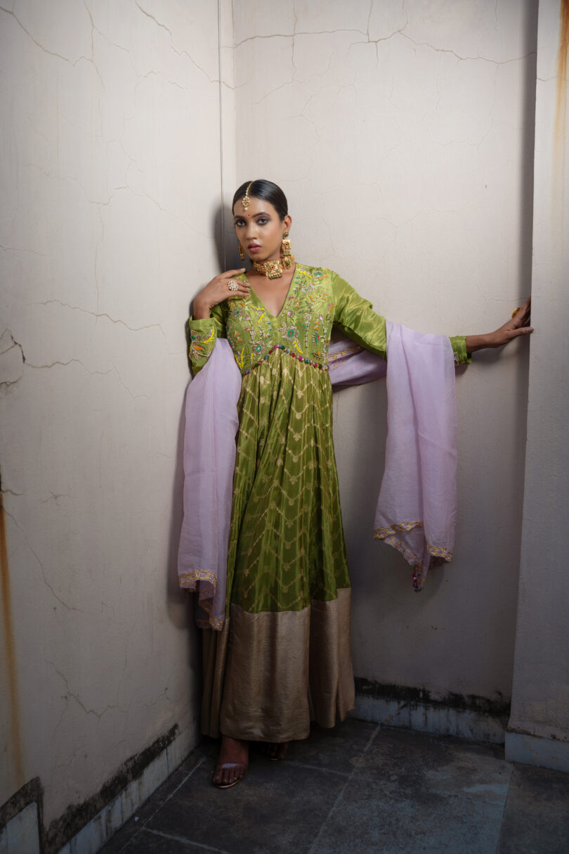 Green Banarasi Silk Long Dress