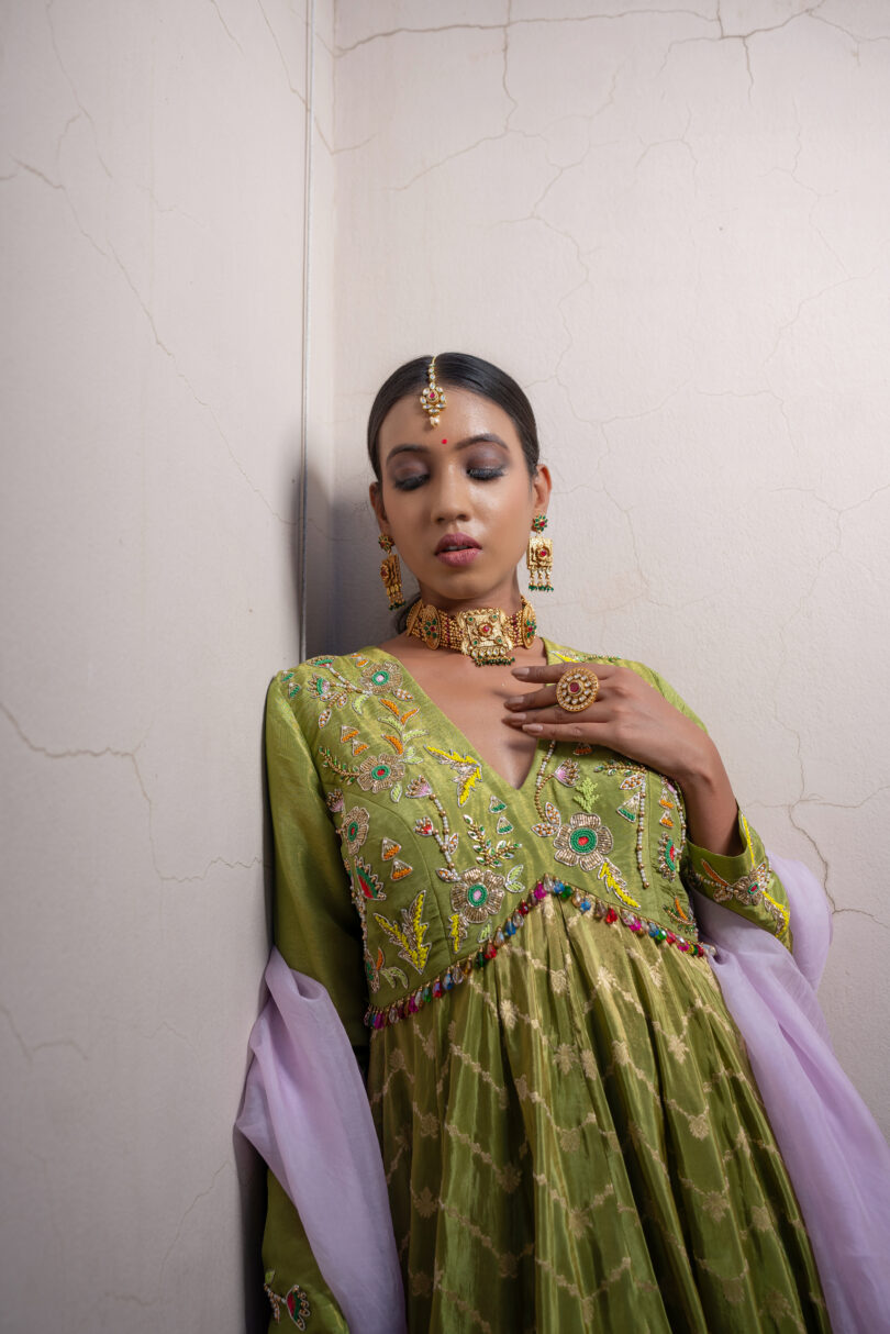 Green Banarasi Silk Long Dress - Image 2