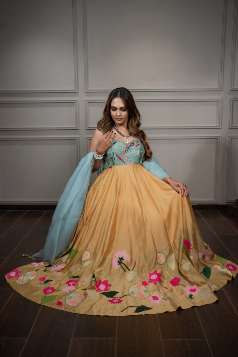 Yellow Blue Chanderi Long Dress - Image 4