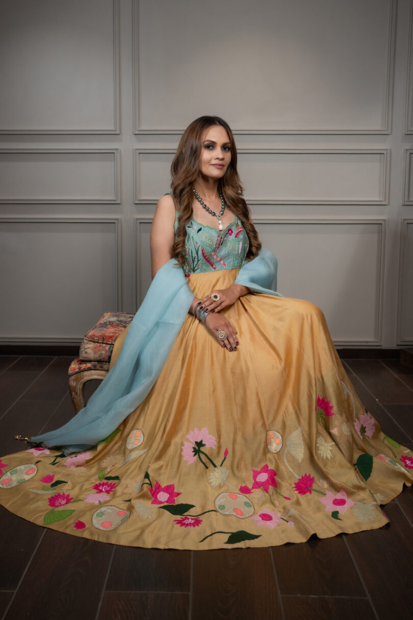 Yellow Blue Chanderi Long Dress