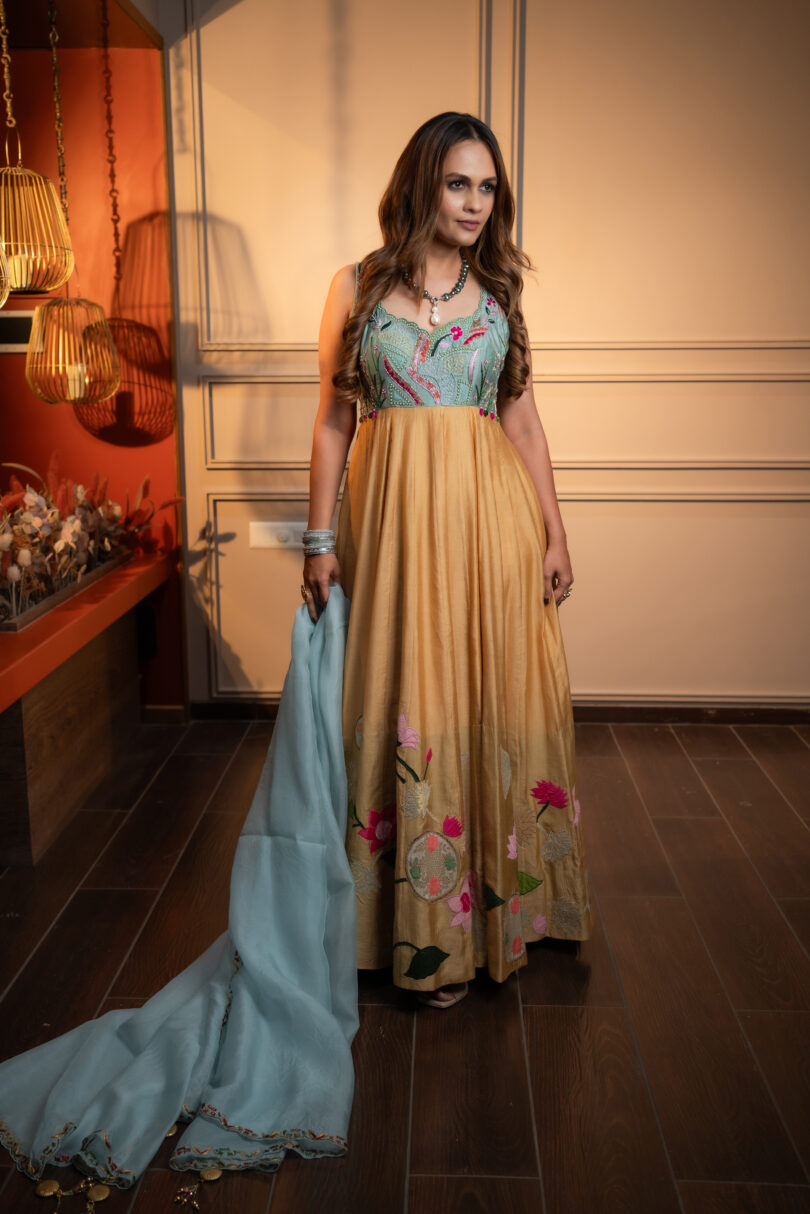 Yellow Blue Chanderi Long Dress - Image 3
